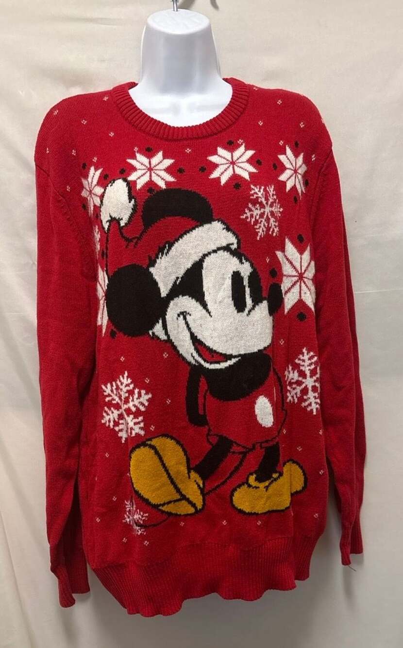Disney Mickey Mouse Christmas Sweater Size L Red Snowflake Knit Pullover